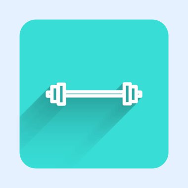 Beyaz çizgi Barbell simgesi uzun gölgeli izole edilmiş. Kas kaldırma ikonu, fitness halteri, spor aletleri, egzersiz yaban domuzu. Yeşil kare düğmesi. Vektör İllüstrasyonu