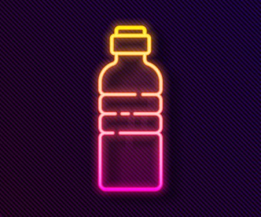 Parlayan neon hattı. Siyah arka planda izole edilmiş bir su ikonu şişesi. Soda su içme tabelası. Vektör İllüstrasyonu