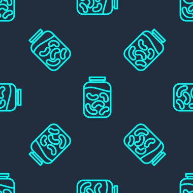 Bir kavanoz ikonunda salatalık turşusu kurmuş yeşil çizgi mavi arkaplandaki dikişsiz deseni izole etmiş. Vektör İllüstrasyonu