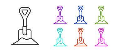 Yer ikonundaki siyah çizgi küreği beyaz arkaplanda izole edilmiş. Bahçe aletleri. Bahçecilik, tarım, çiftçilik aleti. Simgeleri renklendirin. Vektör İllüstrasyonu