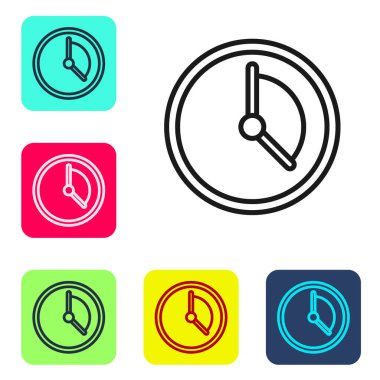 Siyah çizgi Zaman Yönetimi simgesi beyaz arkaplanda izole edildi. Saat işareti. Üretkenlik sembolü. Renkli kare düğmelerle simgeleri ayarla. Vektör İllüstrasyonu