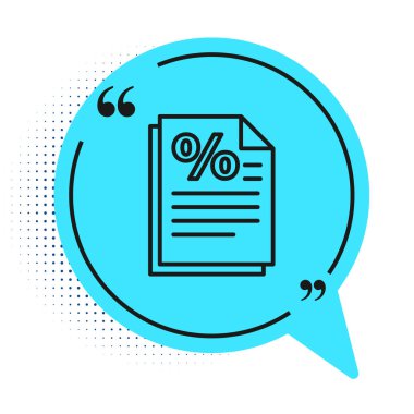 Beyaz arkaplanda siyah çizgi Finans belgesi simgesi izole edildi. Fatura ya da fatura konsepti için kağıt banka belgesi. Mavi konuşma balonu sembolü. Vektör İllüstrasyonu