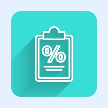 Beyaz çizgi Finans belgesi simgesi uzun gölgede izole edildi. Fatura ya da fatura konsepti için kağıt banka belgesi. Yeşil kare düğmesi. Vektör İllüstrasyonu