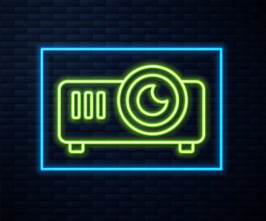 Parlak neon hattı sunumu, film, film, medya projektörü ikonu tuğla duvar arka planında izole edildi. Vektör İllüstrasyonu