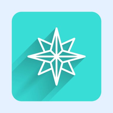 Beyaz çizgi rüzgar gül ikonu uzun gölgeli izole. Seyahat için pusula simgesi. Navigasyon tasarımı. Yeşil kare düğmesi. Vektör İllüstrasyonu