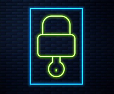 Parlayan neon hat kilidi ve anahtar simgesi tuğla duvar arka planında izole edildi. Asma kilit işareti. Güvenlik, güvenlik, koruma, gizlilik kavramı. Vektör İllüstrasyonu