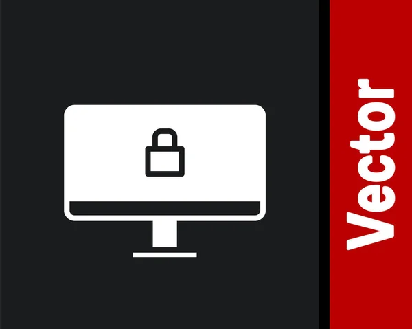 Wit Lock Computer Monitor Scherm Pictogram Geïsoleerd Zwarte Achtergrond Beveiliging — Stockvector