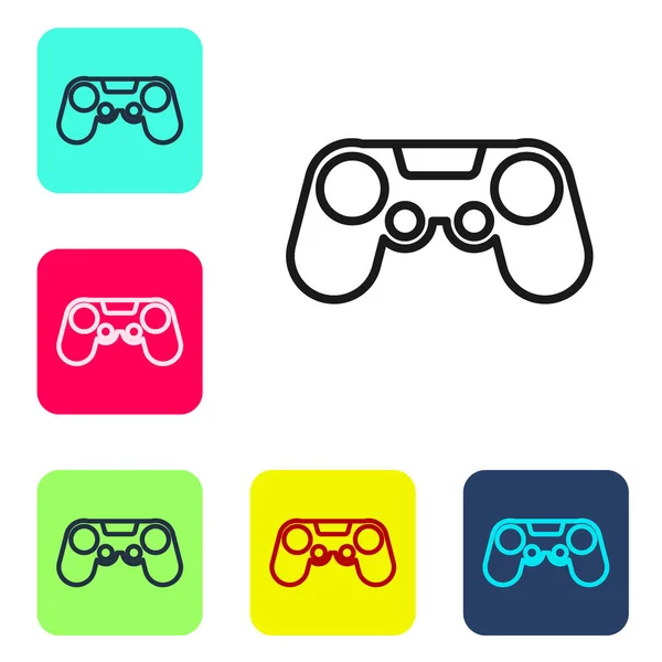 黑线Gamepad图标隔离在白色背景上 游戏控制器 在彩色正方形按钮中设置图标 病媒图解 — 图库矢量图片