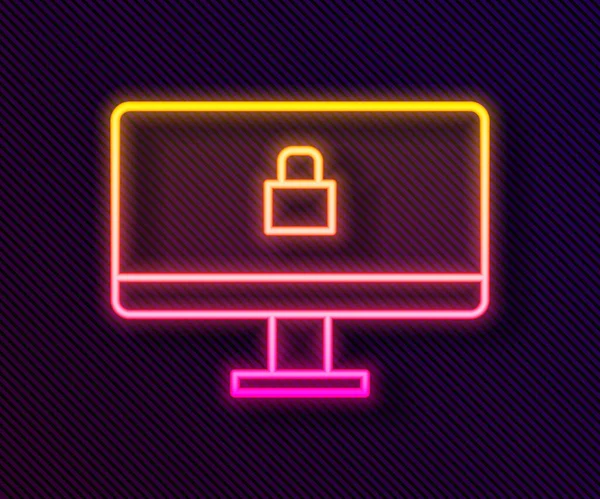 Glowing Neon Line Lock Computer Monitor Screen Icon Isolated Black — Stock Vector