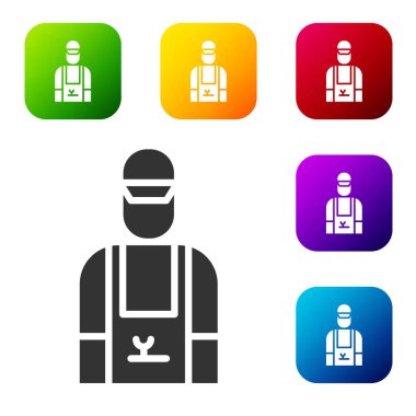 Siyah araba tamircisi simgesi beyaz arkaplanda izole edildi. Araba tamiri ve servis. Renkli kare düğmelerle simgeleri ayarla. Vektör İllüstrasyonu