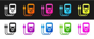 Ampere ölçer, multimetre, voltmetre simgesini siyah ve beyaz arkaplanda izole et. Elektrik akımını ölçmek için araçlar. Vektör İllüstrasyonu