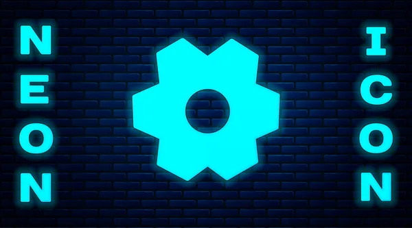 Icona Luminosa Neon Gear Isolata Sfondo Muro Mattoni Segnale Impostazioni — Vettoriale Stock