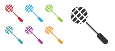Siyah Tenis raket ikonu beyaz arkaplanda izole edildi. Spor malzemeleri. Simgeleri renklendirin. Vektör İllüstrasyonu