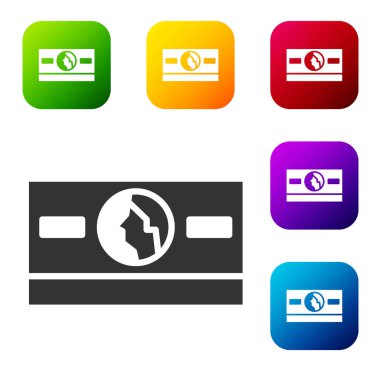 Siyah Yığınlar kağıt para para ikonu beyaz arka planda izole. Para desteleri. Para birimi. Renkli kare düğmelerle simgeleri ayarla. Vektör İllüstrasyonu