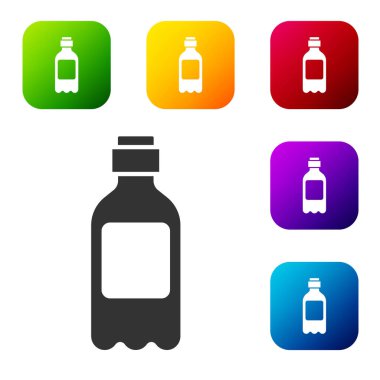 Beyaz arka planda izole edilmiş siyah su ikonu şişesi. Soda su içme tabelası. Renkli kare düğmelerle simgeleri ayarla. Vektör İllüstrasyonu