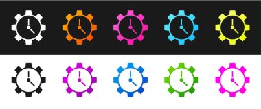 Zaman Yönetimi simgesini siyah beyaz arka planda yalıtılmış olarak ayarlayın. Saat ve dişli işareti. Verimlilik sembolü. Vektör İllüstrasyonu