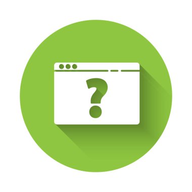 Soru işareti simgesine sahip beyaz tarayıcı uzun gölgeli izole edildi. İnternet iletişim protokolü. Yeşil daire düğmesi. Vektör İllüstrasyonu