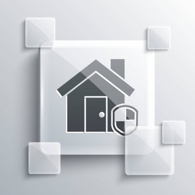 Gri Ev koruma altında. Gri arka planda izole edilmiş. Ev ve kalkan. Koruma, güvenlik, güvenlik, koruma, savunma konsepti. Kare cam paneller. Vektör İllüstrasyonu