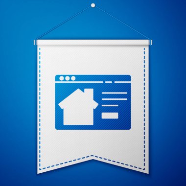 Mavi arka planda, tarayıcı simgesindeki Blue Online emlak evi izole edildi. Ev kredisi konsepti, kira, satın alma, mülk alma. Beyaz flama şablonu. Vektör İllüstrasyonu
