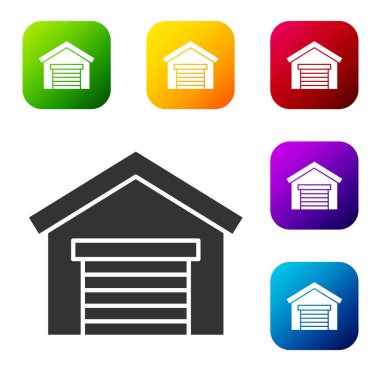 Beyaz arkaplanda siyah garaj simgesi izole edildi. Renkli kare düğmelerle simgeleri ayarla. Vektör İllüstrasyonu