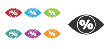 Siyah Göz, beyaz arkaplanda yüzde ikon izole edilmiş. Etiket alışverişi. Özel teklif işareti. İndirim kuponları sembolü. Simgeleri renklendirin. Vektör İllüstrasyonu