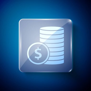 Mavi arka planda dolar sembolü olan beyaz sikke parası. Bankacılık işareti. Para sembolü. Kare cam paneller. Vektör İllüstrasyonu