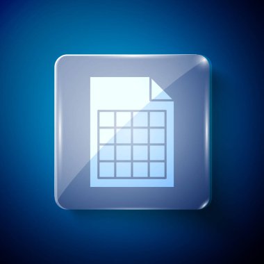 Beyaz Dosya belgesi simgesi mavi arkaplanda izole edildi. Kontrol listesi simgesi. İş konsepti. Kare cam paneller. Vektör İllüstrasyonu