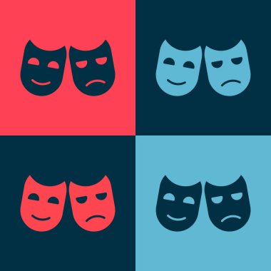 Pop sanat komedisi ve trajedi teatral maskeler renkli arka planda izole edilmiş. Vektör İllüstrasyonu