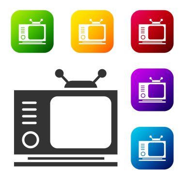 Siyah Retro TV simgesi beyaz arkaplanda izole edildi. Televizyon tabelası. Renkli kare düğmelerle simgeleri ayarla. Vektör İllüstrasyonu