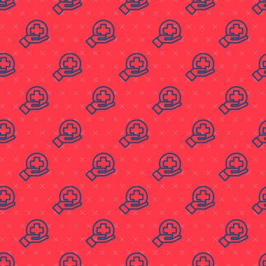 Blue Line Cross Hastanesi tıbbi ikonu kırmızı arka planda izole edilmiş pürüzsüz desen. İlk yardım. Teşhis sembolü. İlaç ve eczane işareti. Vektör İllüstrasyonu