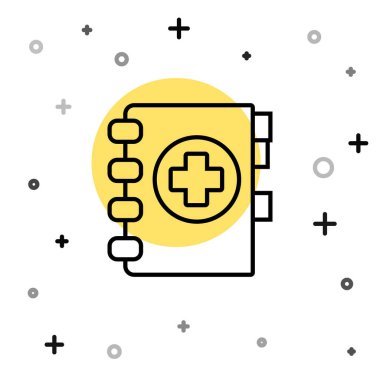 Siyah çizgi tıbbi pano, beyaz arka planda izole edilmiş klinik kayıt simgesi. Reçete, tıbbi kontrol işaretleri raporu. Rastgele dinamik şekiller. Vektör İllüstrasyonu