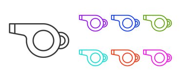 Beyaz arkaplanda siyah çizgi Whistle simgesi izole edildi. Hakem sembolü. Spor ve spor burcu. Simgeleri renklendirin. Vektör İllüstrasyonu