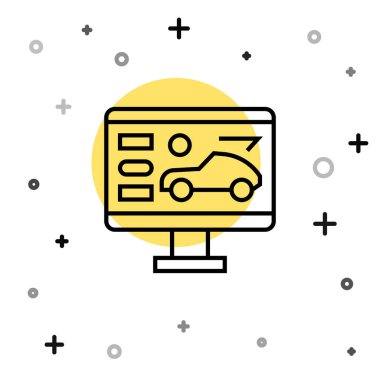 Beyaz arka planda izole edilmiş siyah çizgi donanım ikonunun tanılama durumu. Araba servisi ve tamir parçaları. Rastgele dinamik şekiller. Vektör İllüstrasyonu