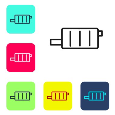 Siyah çizgi araba susturucusu simgesi beyaz arkaplanda izole edildi. Egzoz borusu. Renkli kare düğmelerle simgeleri ayarla. Vektör İllüstrasyonu