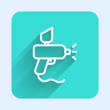 Uzun gölgeli beyaz çizgi boyalı sprey tabanca ikonu. Yeşil kare düğmesi. Vektör İllüstrasyonu