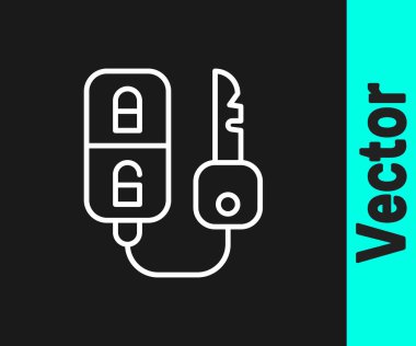 Siyah arka planda uzaktan kumandalı beyaz çizgi araba anahtarı. Araba anahtarı ve alarm sistemi. Vektör İllüstrasyonu
