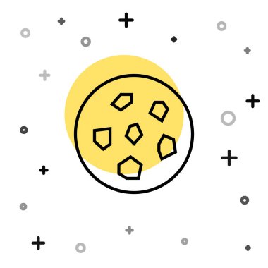 Beyaz arka planda izole edilmiş siyah çizgi Cookie veya çikolata ikonlu bisküvi. Rastgele dinamik şekiller. Vektör İllüstrasyonu