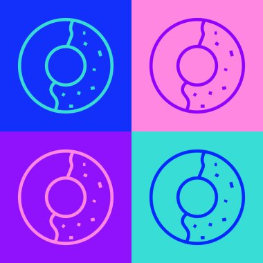 Renkli arka planda izole edilmiş tatlı cam ikonlu Pop Art Line Donut. Vektör İllüstrasyonu