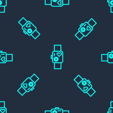 Yeşil çizgi. Akıllı saat kalp atış hızı simgesini gösteriyor. Mavi arkaplanda kusursuz desen var. Fitness uygulaması konsepti. Vektör İllüstrasyonu