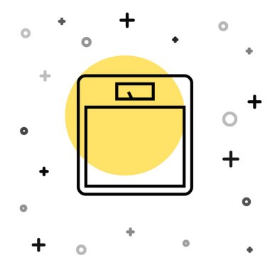 Siyah çizgi banyo ölçekli simge beyaz arka planda izole edildi. Ağırlık ölçme ekipmanı. Ağırlık ölçeği spor konsepti. Rastgele dinamik şekiller. Vektör İllüstrasyonu