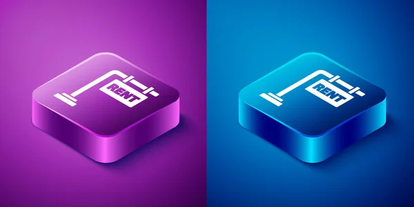 Isometric Hanging sign with text Rent icon isolated on blue and purple background. Signboard with text For Rent. Square button. Vector Illustration