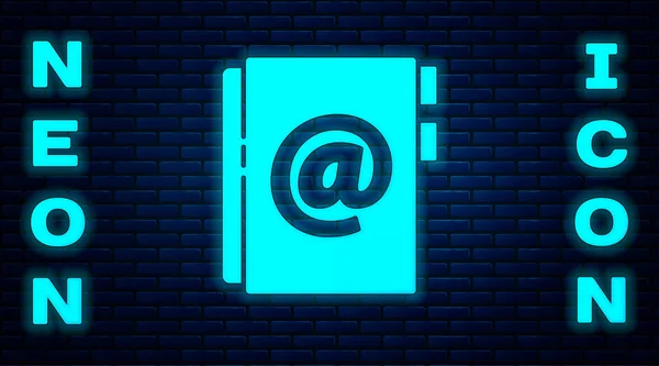 Glowing Neon Address Book Icon Isolated Brick Wall Background Notebook — Stock Vector