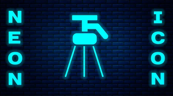 Ragyogó Neon Tripod Ikon Elszigetelt Téglafal Háttér Vektorillusztráció — Stock Vector