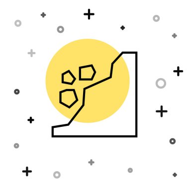 Siyah çizgi heyelan simgesi beyaz arkaplanda izole edildi. Taşlar kayadan düşer. Kayalar tepeden aşağı yuvarlanıyor. Kaya gibi. Rastgele dinamik şekiller. Vektör İllüstrasyonu