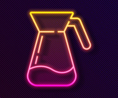 Siyah zemin üzerinde su ikonu olan parlak neon çizgili cam sürahi. Su için çaydanlık. İçme suyu dolu cam sürahi. Vektör İllüstrasyonu