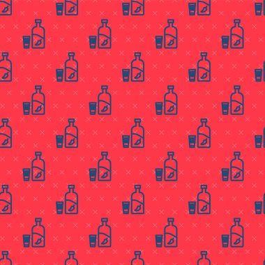 Kırmızı arka planda, biber ve cam ikonlu mavi hat votka izole edilmiş. Ukrayna ulusal alkolü. Vektör İllüstrasyonu