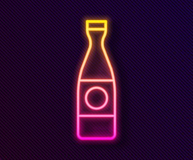 Parlayan neon hattı bira şişesi simgesi siyah arka planda izole edildi. Vektör İllüstrasyonu