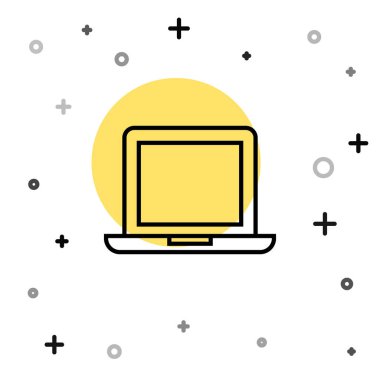 Siyah çizgi dizüstü bilgisayar simgesi beyaz arkaplanda izole edildi. Boş ekran işaretli bilgisayar defteri. Rastgele dinamik şekiller. Vektör İllüstrasyonu