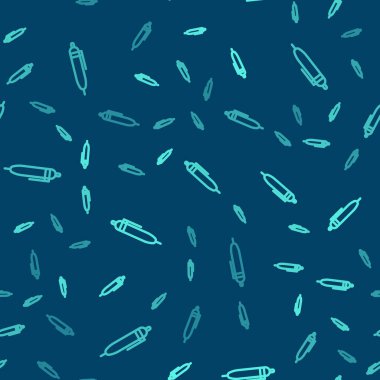 Yeşil çizgi kalem simgesi mavi arkaplandaki kusursuz deseni izole etti. Vektör İllüstrasyonu