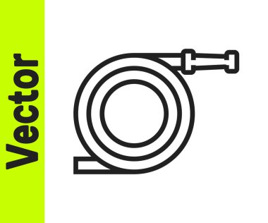 Beyaz arka planda siyah çizgi bahçe hortumu ya da yangın hortumu ikonu var. Sprey tabanca ikonu. Su ekipmanları. Vektör İllüstrasyonu